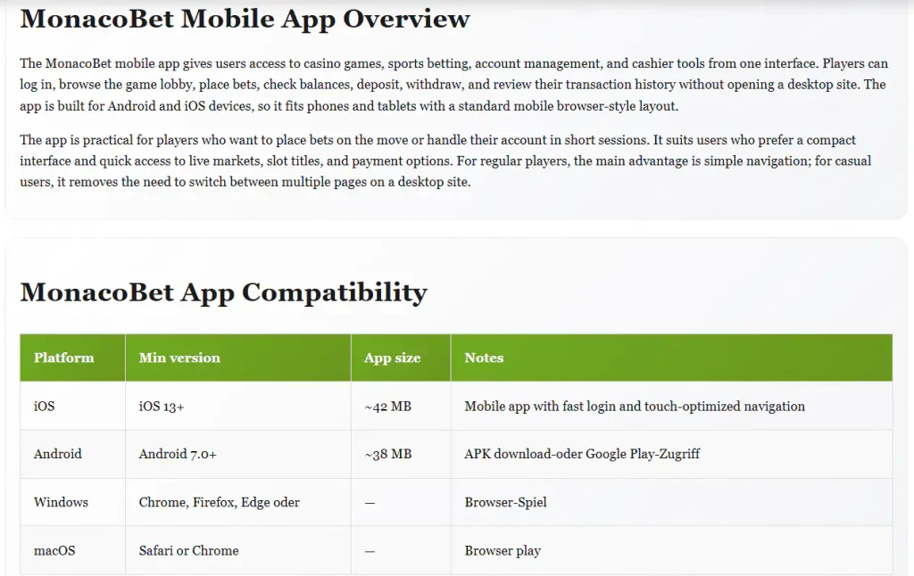 Hinweis auf die Android-Anwendung von MONACObet auf der Informationsseite