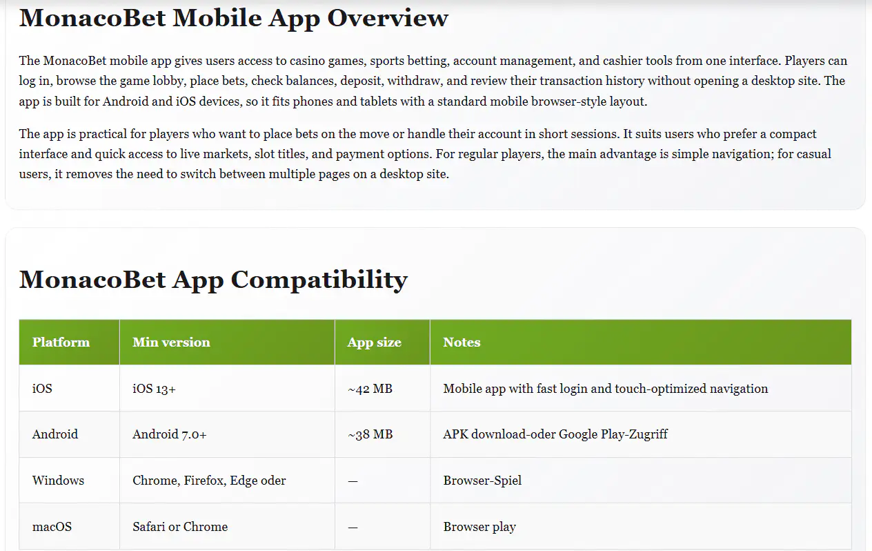 Hinweis auf die Android-Anwendung von MONACObet auf der Informationsseite