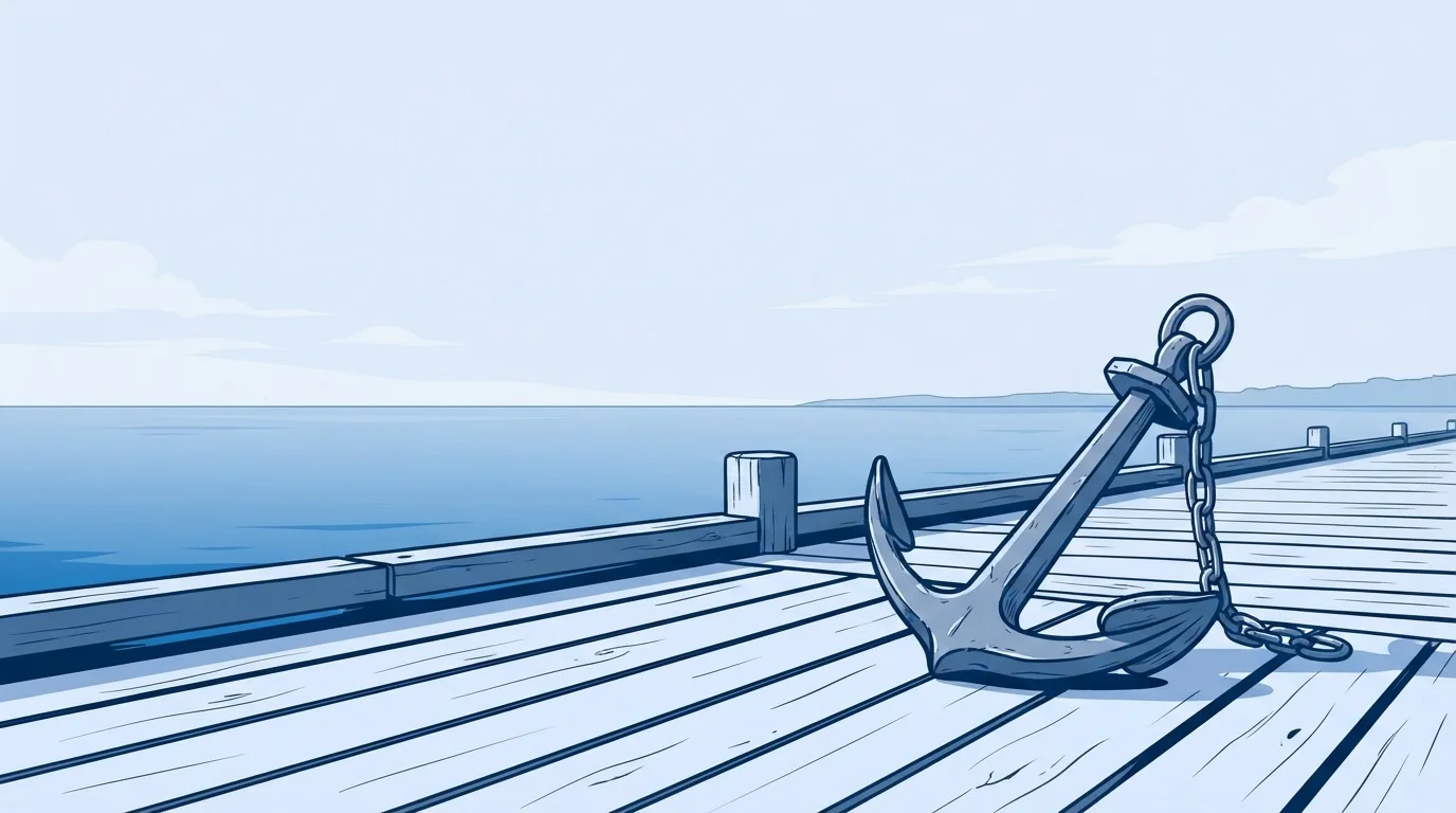 Anker auf einem Holzsteg an einer ruhigen Anlegestelle