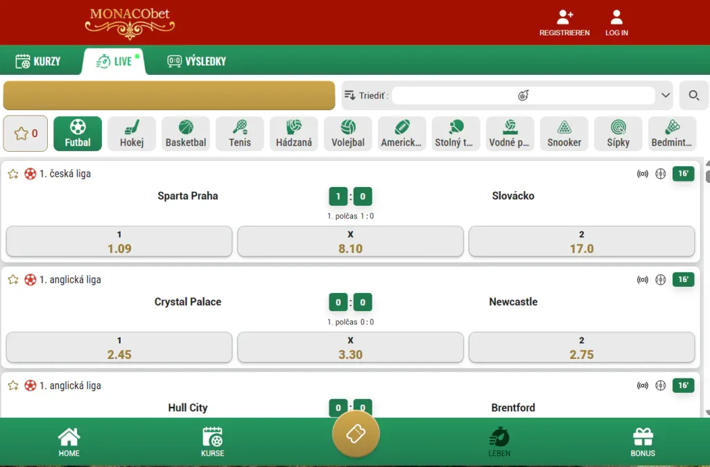 Livewettenbereich mit Ereignisnavigation und laufenden Sportquoten bei MONACObet