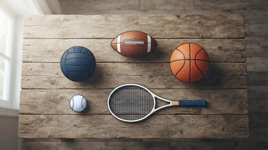 Fußball, Tennisball und Basketball auf einem Holztisch von oben