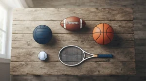 Fußball, Tennisball und Basketball auf einem Holztisch von oben